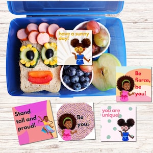 May include: Five colourful cards with positive messages for children. Each card features a cartoon illustration of a young Black girl with an afro hairstyle. The messages on the cards are "Have a sunny day!", "Stand tall and proud!", "Be you!", "You are unique!" and "Be fierce, be you!"