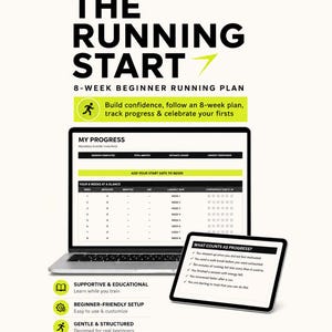 May include: A digital 8-week beginner running plan by Progress Edit Studio displayed on a laptop and tablet. The screen shows a progress tracker, a weekly schedule, and a list of milestones. The design features black text on a white background with lime green accents, including icons for Google Sheets and Excel compatibility.