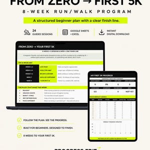 May include: A digital 8-week run/walk programme titled FROM ZERO TO FIRST 5K displayed on a laptop and tablet screen. The interface features black text on white and lime green backgrounds, including progress trackers, session lists, and training rules.