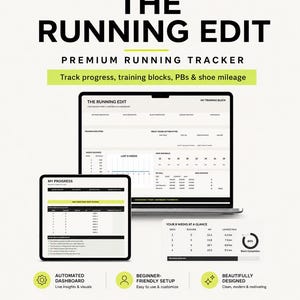 Peut inclure: Un suivi de course numérique intitulé THE RUNNING EDIT, affiché sur un écran d'ordinateur portable et de tablette. L'interface présente des graphiques, des tableaux de distance hebdomadaire, des blocs d'entraînement et des records personnels.