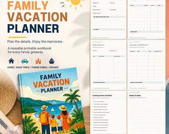 May include: A family vacation planner workbook featuring a cover illustration of a family of four on a beach. The planner includes printed pages for vacation overview, budget, daily itinerary, outfit planning, checklists, and notes.