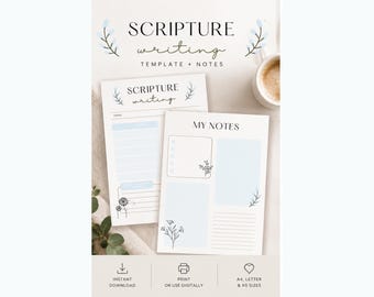 May include: A scripture writing template and notes page set featuring white paper with light blue accents, floral line art, and the text Scripture writing and My Notes. The design includes sections for verses and notes, available in A4, Letter, and A5 sizes.