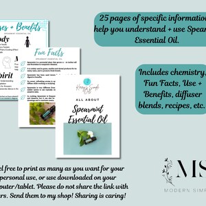 Könnte beinhalten: Ein digitaler Download in Türkis und Weiß für einen 25-seitigen Leitfaden zu Spearmint Essential Oil. Der Leitfaden enthält Informationen zu Verwendung, Vorteilen, interessanten Fakten, Chemie, Diffusormischungen und Rezepten. Der Text "Alles über Spearmint Essential Oil" ist auf dem Cover zu sehen.