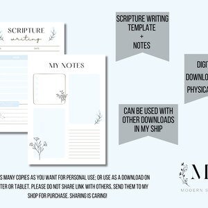 Könnte beinhalten: Druckbarer digitaler Download einer Schrift-Schreibvorlage mit einem blauen und weißen Blumenmuster. Die Vorlage enthält Platz für Vers, Datum, Notizen und einen Abschnitt zum Schreiben von Schrift. Der Text auf dem Bild lautet "Schrift-Schreibvorlage + Notizen".