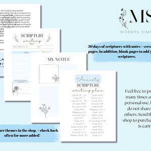 May include: A printable 30-day scripture writing plan focused on anxiety. The plan includes a list of Bible verses and space for notes. The design features a light blue background with floral illustrations.