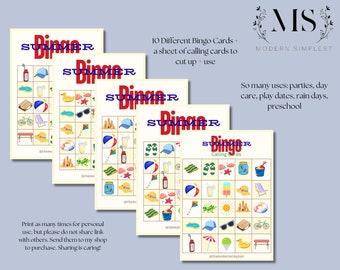 May include: A set of summer Bingo cards featuring images of beach items and the word "Summer" in red. The cards are designed for use in parties, playdates, and preschools. The text on the cards says "Print as many times for personal use".