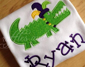 Mardi Gras Shirts - Alligator, beads, applique personalized shirts - Green, yellow, purple, gold - shirts for boys, girl, baby, toddler kids