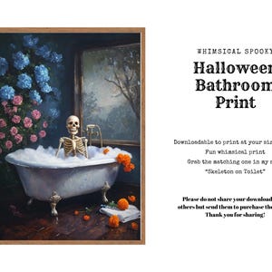 Whimsical Fun Halloween Bathroom Downloadable Skeleton Print - Smiling Bubble Bath floral - original one of a kind