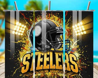 Vaso delgado de 20 oz de los Steelers Football, diseño de sublimación PNG, ideal para el día del partido, imprimible digitalmente, descarga instantánea.