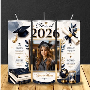 Anpassad foto- och namnmall för årskurs 2026, tumblerwrap i canvas, marinblå vitguld, examen 20oz smal sublimeringsdesign, nedladdning för sistaårsstudent 2026