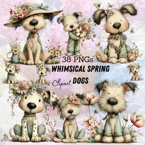 May include: A collection of whimsical dog clipart images. The dogs are depicted in a soft, pastel color palette, adorned with floral accents, hats, and clothing. The text "38 PNGs WHIMSICAL SPRING Clipart DOGS" is visible.
