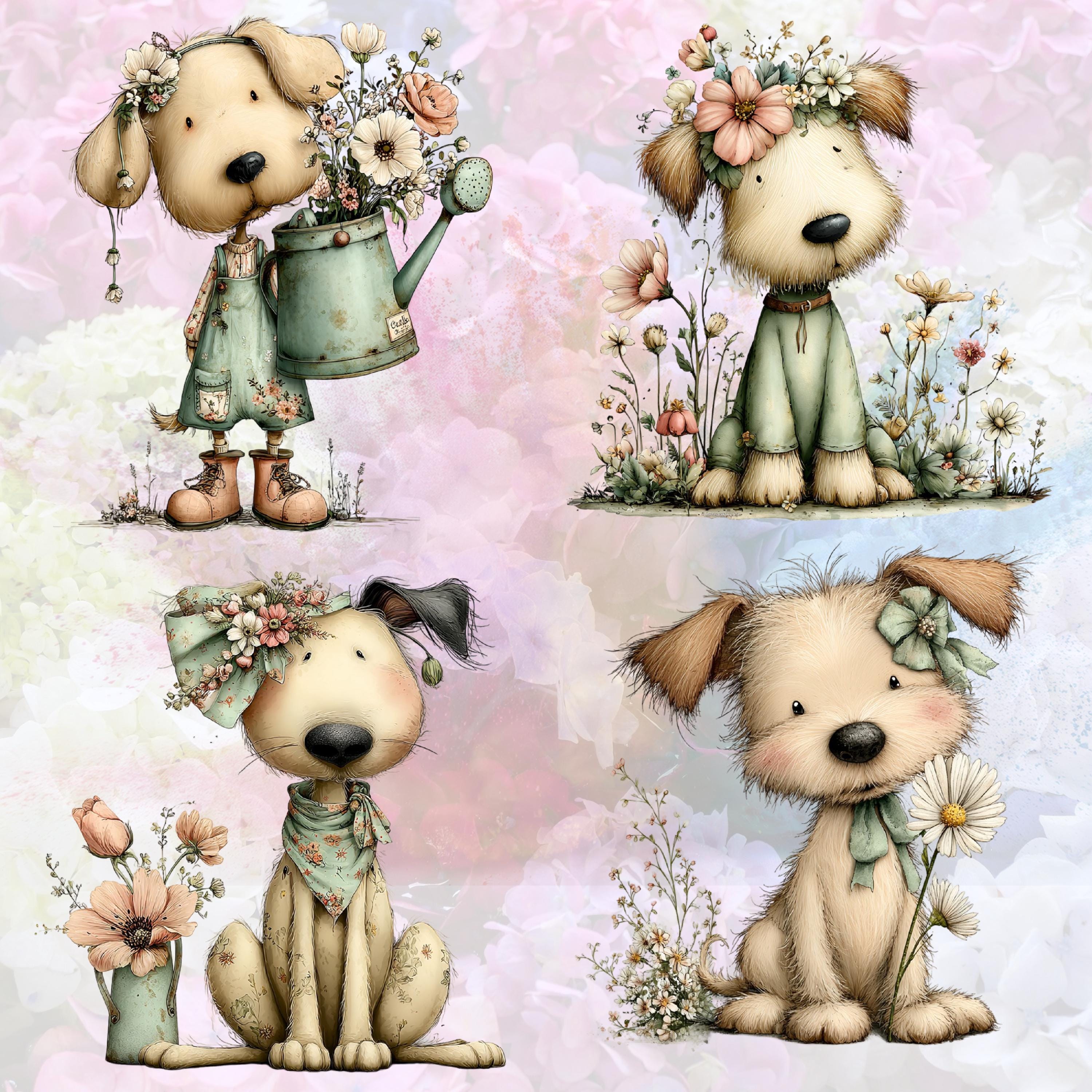 Whimsical Spring Dogs Clipart: Quirky Floral Puppies & Garden Friends ...