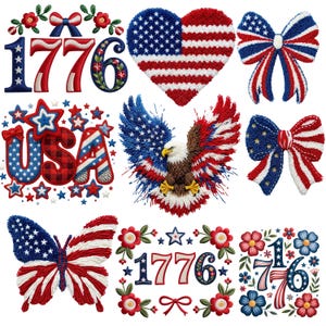 4 juli PNG-bundel Patchwork Coquette Strik USA Amerikaanse Vlag Faux Quilted Cottagecore Patchwork Patriottisch Land van de Vrijheid 1776