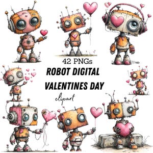 Könnte beinhalten: Digitale Clipart-Sammlung mit Robotern in Orange, Rosa und Grau. Die Roboter halten Herzen und Luftballons. Der Text "ROBOT DIGITAL VALENTINES DAY clipart" ist ebenfalls enthalten. Ideal für Valentinstag-Designs.