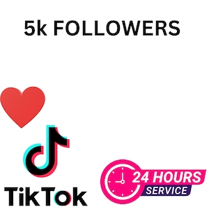 May include: White background with the text "5k FOLLOWERS" in black. A red heart, a TikTok logo with a black, cyan, and red design, and a pink clock with the text "24 HOURS SERVICE" are also present.