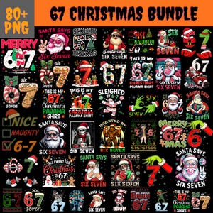 Puede incluir: Un conjunto de gráficos con temática navideña con el texto "67 Christmas Bundle" y "80+ PNG". Los diseños incluyen a Papá Noel, el número 67 y varias frases navideñas como "Merry Christmas" y "Santa Says".