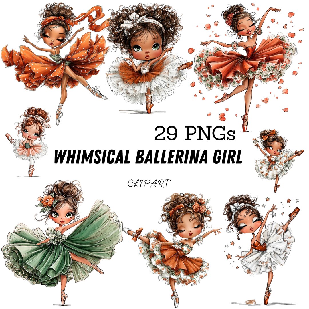 Ballerina Clipart Set, Cute Pink Ballet Girl PNG, Whimsical Ballerina ...