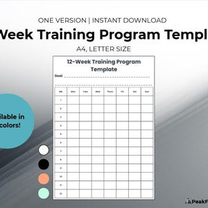 May include: A digital 12-Week Training Program Template in A4 and Letter size. The template includes a grid for tracking progress. Available in 4 colors. The text "ONE VERSION | INSTANT DOWNLOAD" is at the top.