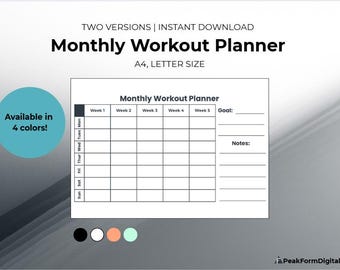 Planificador de entrenamiento mensual imprimible / Registro de actividad física / Rastreador de ejercicios (PDF + Plantilla Canva)