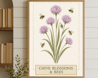 Botanical Bee Print, Chive Flower Wall Art, Vintage Garden Poster, Lavender Purple Floral Printable, Instant Download