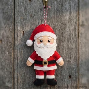 Puede incluir: Un adorno de fieltro de Papá Noel con gorro rojo y pompón blanco, barba blanca, cinturón negro con hebilla dorada y botas negras. La figura está suspendida por un cordel a rayas rojas y blancas y presenta costuras detalladas en su diseño.