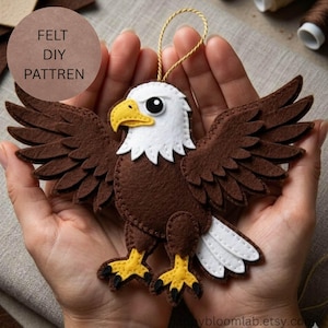 May include: A handmade felt eagle ornament with brown wings, a white head, and a yellow beak and feet. The eagle has a gold string for hanging. The text "FELT DIY PATTREN" is in a circle in the upper left corner.