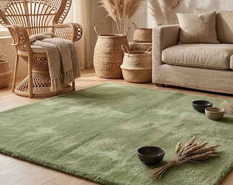Sage Green Wool Area Rug, Handmade Solid Wool Rug, Modern Minimalist Plush Carpet for Living Room Bedroom Nursery Decor