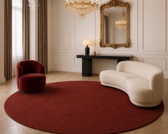 Hand-Tufted Wool Area Rug, Burgundy Round Area Rug, Handmade Modern Minimalist Rug, Red Wool Carpet