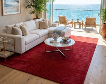 Handloom Wool Area Rug, Solid Red Wool Rug, Handmade Burgundy Carpet, Modern Minimalist Living Room Rug, Luxury Bedroom Rug, Custom Size