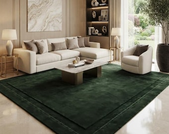 Hand Tufted Dark Green Wool Rug,  Luxury Modern Area Rug, Minimalist Geometric Carpet for Living Room, Bedroom & Home Decor