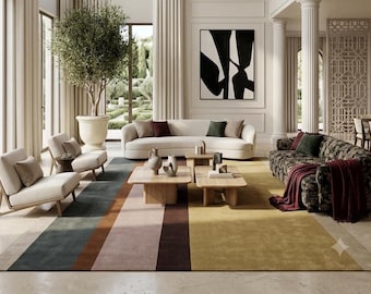 Hand Tufted Wool Area Rug, Modern Striped Rug, Olive Green & Brown Carpet, Neutral Geometric Rug, Contemporary Living Room Decor
