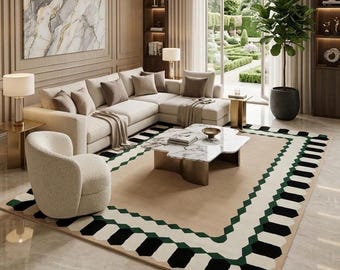 Hand Tufted Wool Area Rug, Cream Black Green Geometric Border Rug, Modern Abstract Carpet, Luxury Living Room Rug, Custom Handmade Size