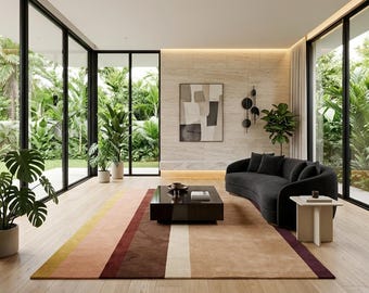 Hand Tufted Wool Area Rug, Multicolor Striped Rug, Modern Geometric Carpet, Neutral Living Room Rug, Boho Contemporary Home Decor