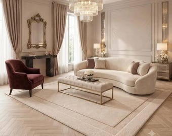 Hand Tufted Wool Area Rug, Cream Beige Luxury Rug, Modern Border Design Carpet, Elegant Living Room Rug, Neutral Bedroom Decor, Custom Size