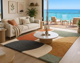 Mid Century Modern Abstract Area Rug | Colorful Geometric Tufted Carpet for Living Room, Bedroom | Terracotta Sage Green Boho Floor Rug