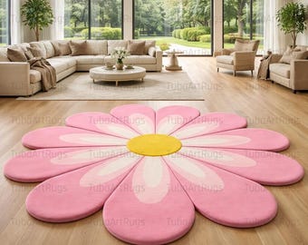 Pink Daisy Flower Rug, Floral Area Rug, Cute Kids Room Rug, Soft Plush Flower Carpet, Nursery Decor Rug, Bedroom Floor Mat, Aesthetic Decor