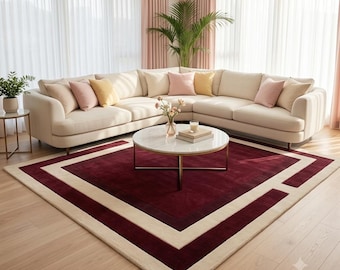 Hand Tufted Wool Area Rug, Burgundy Cream Geometric Rug, Modern Abstract Carpet, Luxury Living Room Rug, Contemporary Custom Size