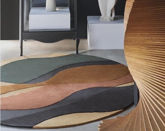 Alfombra redonda abstracta moderna, alfombra de lana tejida a mano, alfombra en tonos tierra neutros, alfombra bohemia para sala de estar, alfombra circular de lujo.