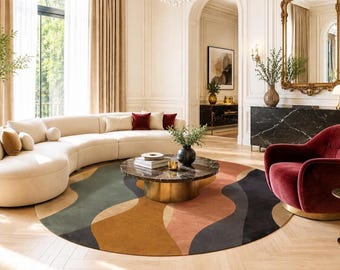 Abstract Round Rug, Multicolor Organic Shape Area Rug, Contemporary Round Carpet, Colorful Wavy Rug, Designer Living Room Rug, Home Decor