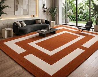 Hand Tufted Wool Area Rug, Rust Orange Cream Geometric Rug, Modern Abstract Carpet, Contemporary Living Room Rug, Custom Size