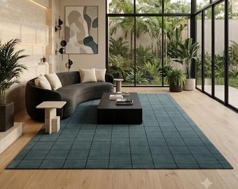 Hand Tufted Wool Area Rug Blue Gray Grid Rug Modern Geometric Carpet Minimalist Living Room Rug Contemporary Bedroom Decor Handmade Wool Rug
