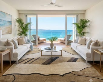 Contemporary Landscape Abstraction Wool Rug – Neutral Beige, Taupe & Chocolate Brown Area Rug