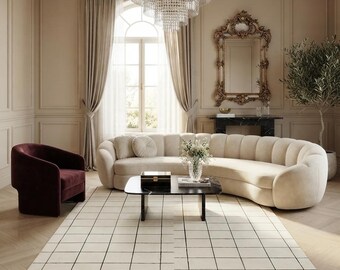 Hand Tufted Wool Area Rug, Cream Grid Line Rug, Modern Geometric Minimalist Carpet, Neutral Living Room Custom Size Rug