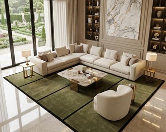 Hand Tufted Wool Area Rug, Zen Green Wool Rug, Olive Green Minimalist Carpet, Modern Black Border Living Room Bedroom Custom Size Rug