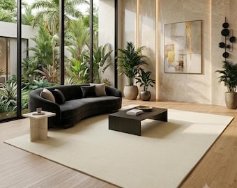 Hand Tufted Wool Area Rug, Solid Ivory Cream Minimalist Rug, Modern Neutral Carpet, Luxury Living Room Bedroom Rug, Custom Size