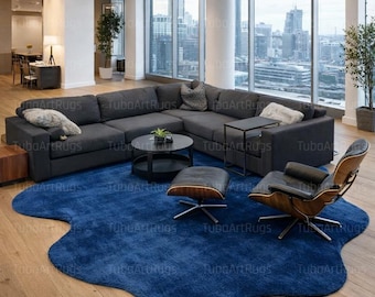 Unique Handmade Rug, Irregular Shape Blue Solid, Custom Flooring, Area Rug, Home Decoration, Living Room Carpet