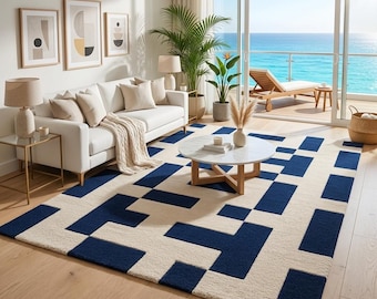 Tapete geométrico azul-marinho em lã, tapete tufado à mão, tapete abstrato moderno em creme, decoração minimalista para sala de estar e quarto.