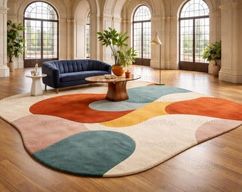 Alfombra geométrica retro / Alfombra moderna de lana con mechones de mediados de siglo / Alfombra extragrande / Alfombra de pelo largo hecha a mano / Decoración en tonos tierra, verde, marrón y crema