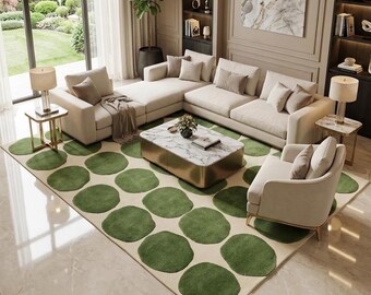 Hand Tufted Wool Area Rug, Green Polka Dot Rug, Cream Geometric Carpet, Modern Organic Rug, Kids Room Living Room Decor, Custom Size