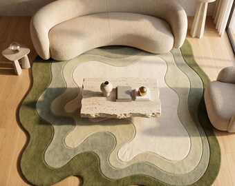 Green Abstract Hand Tufted Rug, Organic Shape Wool Area Rug, Sage Olive Irregular Carpet, Scandinavian Modern Rug, Minimalist Living Room